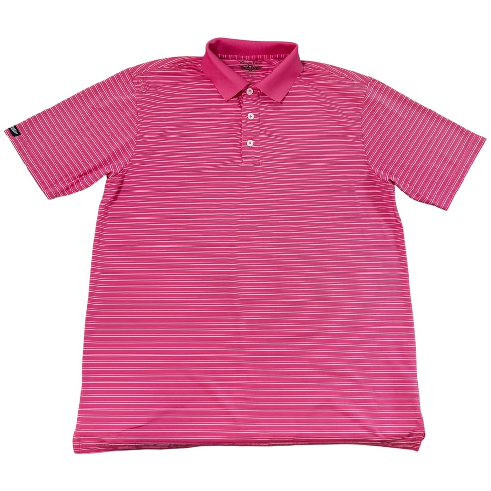 Straight Down Mens Pink White Striped Performance Golf Polo Shirt Size Large